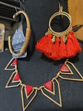 Gold Red Statement Set /Streetwear Glam Tassel Hoops/ Geometric Bold Urban Chic
